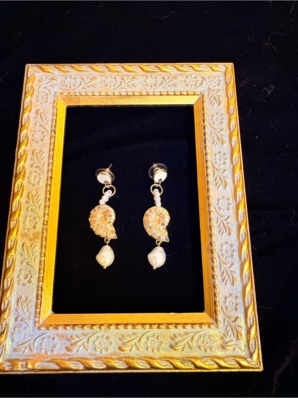 Gold Tone Shell Drop Earrings with Pearl Accents